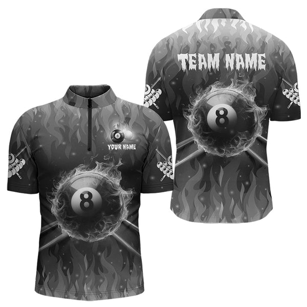 Personalized Grey 3D 8 Ball Pool Fire Billiard Shirts For Men Custom Billiard Apparel Jerseys TDM3531