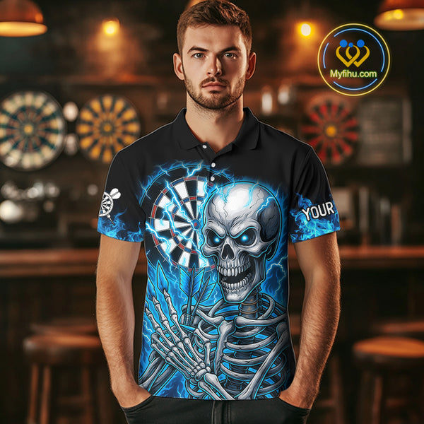 Blue Flaming Lightning Skeleton Darts Shirt For Men Custom Darts Jersey Team Polo & Quarter Zip TDM4344