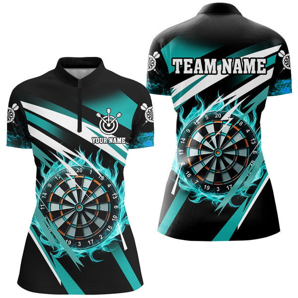 Turquoise 3D Darts Board Fire Custom Polo & 1/4 Zip Shirt For Women Personalized Dart Jerseys Uniform TDM2956