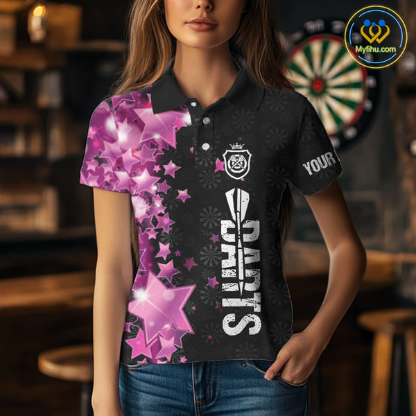 Pink And Black Custom Star Dart Shirts For Women, Glowing Dart Jerseys Funny Darts Team Shirts TDM3884