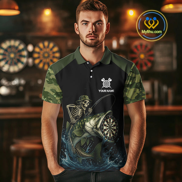 Funny Green Camo Skeleton Fishing Dart Shirt For Men With Pocket Option TDM3969
