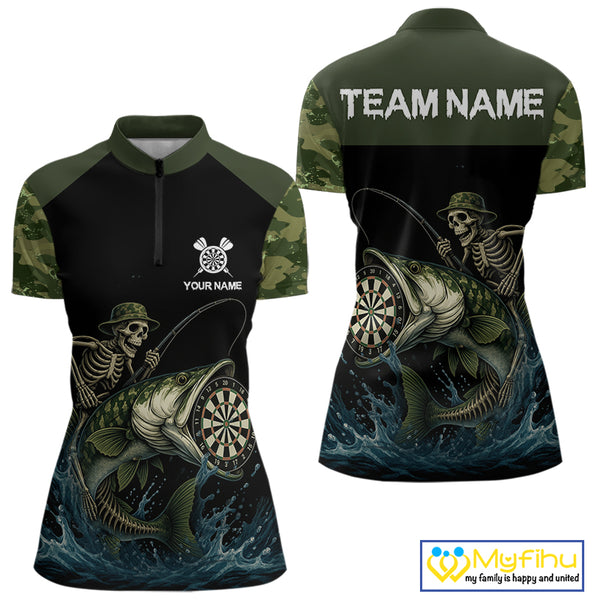 Funny Green Camo Skeleton Fishing Dart Shirt For Women With Pocket Option TDM3969