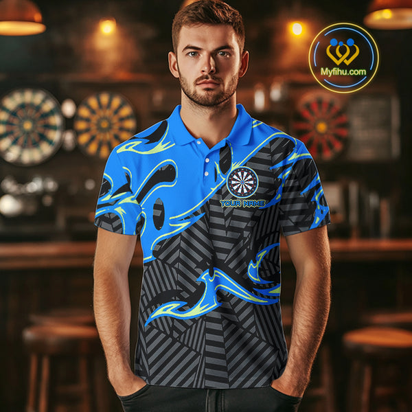 Custom Black And Blue Tribal Flame Dart Shirts For Men, Darts Team Jerseys Polo & Quarter Zip TDM3970