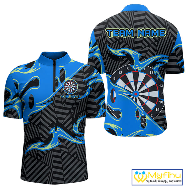 Custom Black And Blue Tribal Flame Dart Shirts For Men, Darts Team Jerseys Polo & Quarter Zip TDM3970