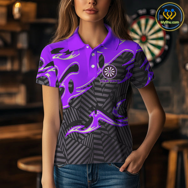 Custom Black And Purple Tribal Flame Dart Shirts For Women, Darts Team Jerseys Polo & Quarter Zip TDM3971