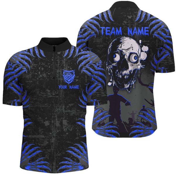 Funny Skull Claw Pattern Custom Men Billiard Shirts, Grunge Blue Black Cool Billiard Jerseys TDM3202