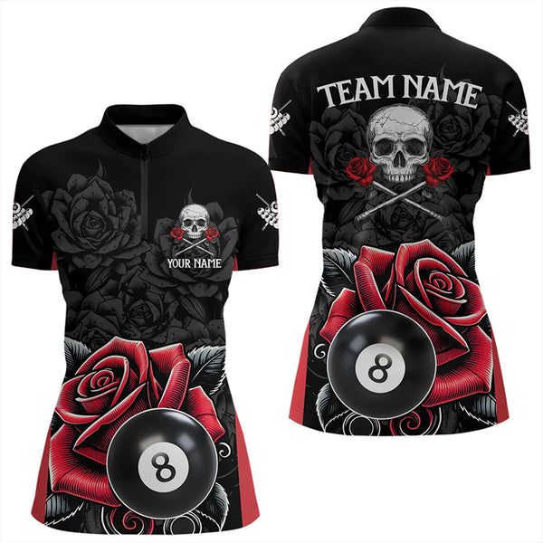 Black And Red 8 Ball Pool And Roses Custom Skull Billiard Shirts For Women, Unique Billiard Jerseys TDM3204