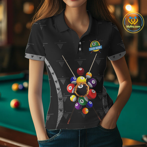 Custom Black Billiard Jerseys Polo & Quarter Zip For Women, 8 Ball Pool Billiard Team Shirts TDM3979
