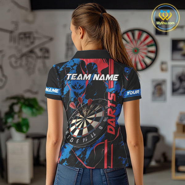 Custom Women's Dart Shirt - Grunge Blue And Red Dartboard Paint Splash Polo & Quarter Zip Jersey TDM3981