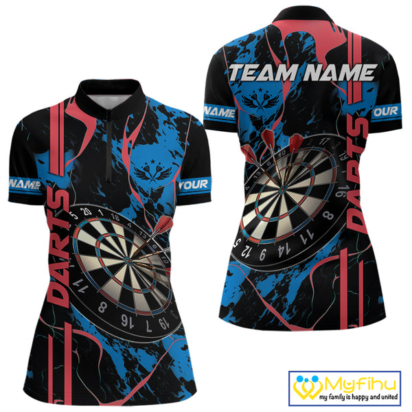 Custom Women's Dart Shirt - Grunge Blue And Red Dartboard Paint Splash Polo & Quarter Zip Jersey TDM3981