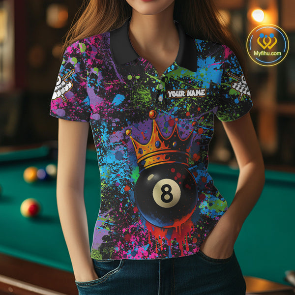 Funny 8 Ball Crown Colorful Paint Splash Custom Billiard Shirt For Women, Billiard Team Jerseys TDM3982