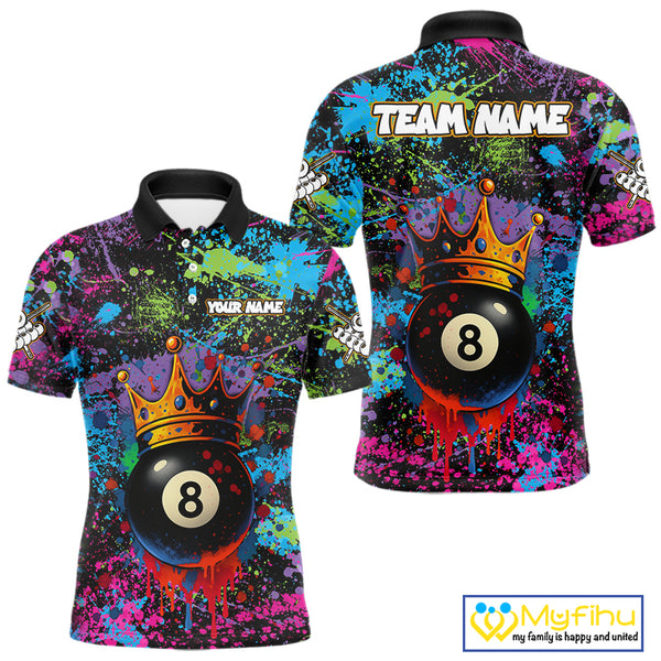Funny 8 Ball Crown Colorful Paint Splash Custom Billiard Shirt For Men, Billiard Team Jerseys TDM3982