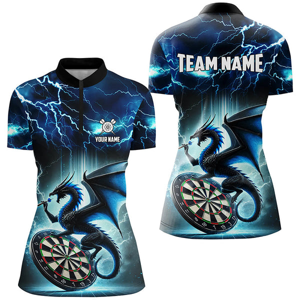 Lightning Thunder Dragon Custom Blue Darts Polo & 1/4 Zip Shirts For Women, Darts Team League Jerseys TDM2476