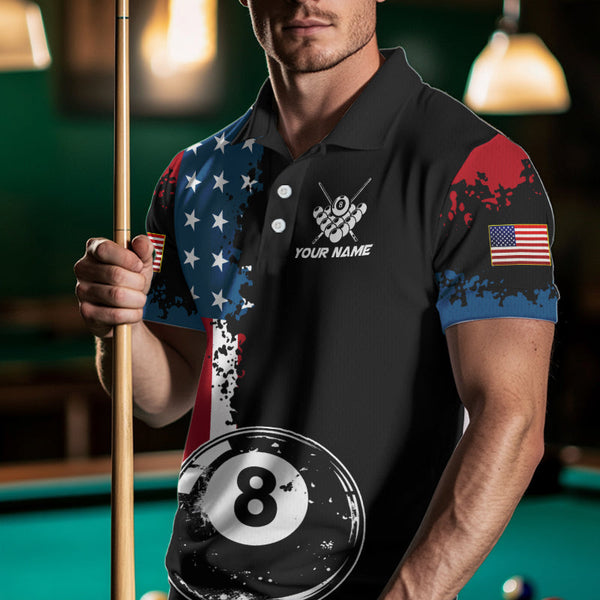 Personalized Grunge 8 Ball Pool American Flag Billiard Shirts For Men, US Flag Billiard Jerseys TDM3718