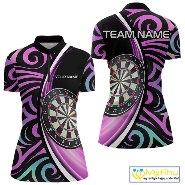 Funny Neon Purple Tribal Dart Shirts For Women – Custom Team Darts Jersey Polo & Quarter Zip TDM3993