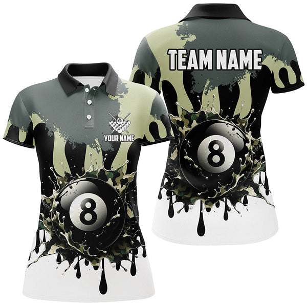 Personalized 8 Ball Pool Green Camo Ink Billiard Shirts For Women, Gifts For Team Billiard Lovers TDM2225