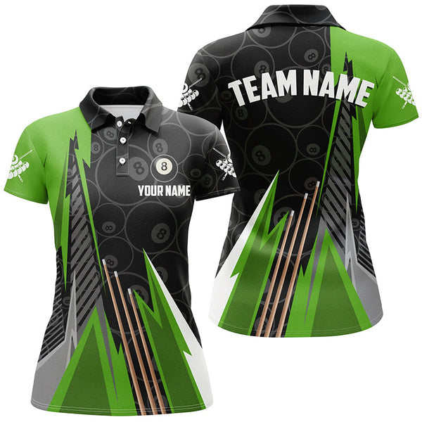 Personalized Black Green Billiard Pattern Women Polo & 1/4 Zip Shirts, Billiard Team Jersey Uniform TDM1615