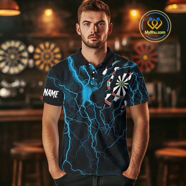 Personalized Blue Thunder Lightning Dart Shirt For Men Custom Darts League Jersey Polo & 1/4 Zip TDM4352