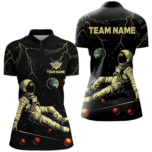 Personalized Black Astronaut Lightning Galaxy Billiard Shirts For Women, Funny Billiard Apparel TDM2029