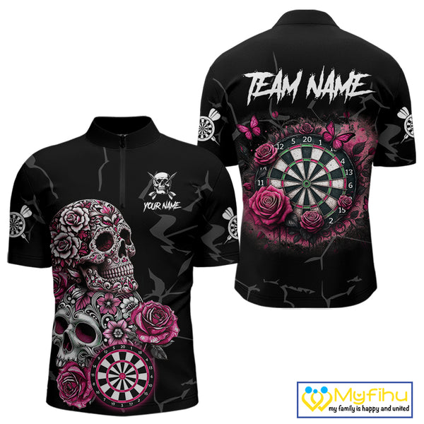 Personalized Pink Funny Skull Roses Darts Shirt For Men Custom Darts Team Jersey, Darts Outfit TDM4354