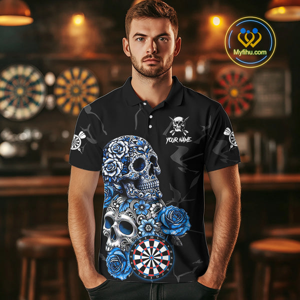 Personalized Blue Funny Skull Roses Darts Shirt For Men Custom Darts Team Jersey, Darts Outfit TDM4355