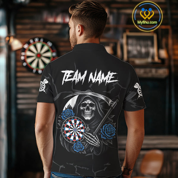 Personalized Blue Funny Skull Roses Darts Shirt For Men Custom Darts Team Jersey, Darts Outfit TDM4355