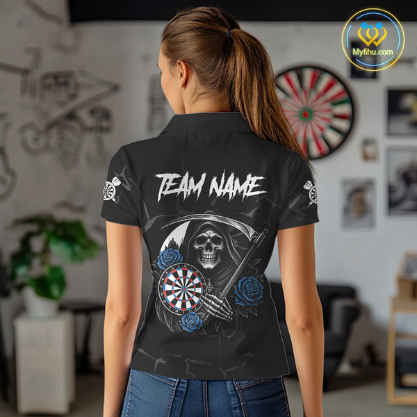 Personalized Blue Funny Skull Roses Darts Shirt For Women Custom Darts Team Jersey, Darts Outfit TDM4355