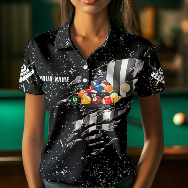 Personalized Black Grunge US Flag Billiard Balls Polo, 1/4 Zip For Women, 8 Ball Pool Billiard Jersey TDM3573