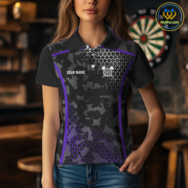 Black Purple Camo Darts Shirt With Pocket Option For Women Custom Dart Jersey TDM4365