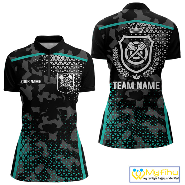 Black & Turquoise Camo Dart Shirt For Women Custom Dart Jerseys Pocket Option TDM4366