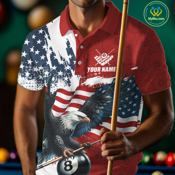 Personalized American Flag Eagle Men Billiard Shirt Custom Patriotic 8 Ball Pool Team Jersey |Red TDM4370