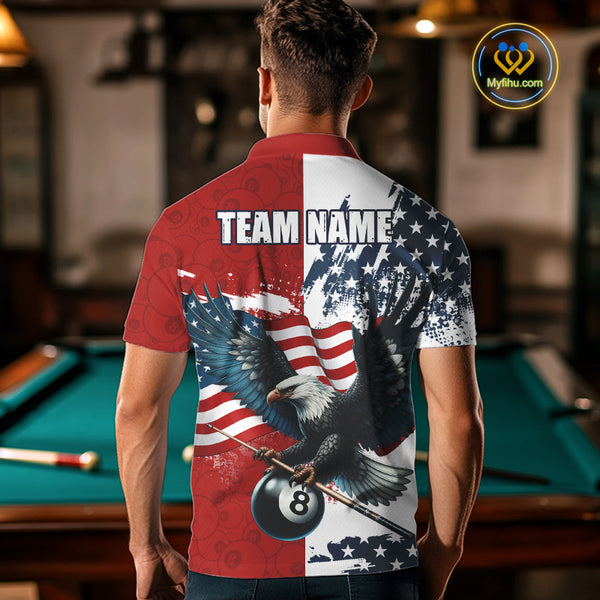 Personalized American Flag Eagle Men Billiard Shirt Custom Patriotic 8 Ball Pool Team Jersey |Red TDM4370