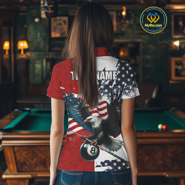 Personalized American Flag Eagle Women Billiard Shirt Custom Patriotic 8 Ball Pool Team Jersey |Red TDM4370