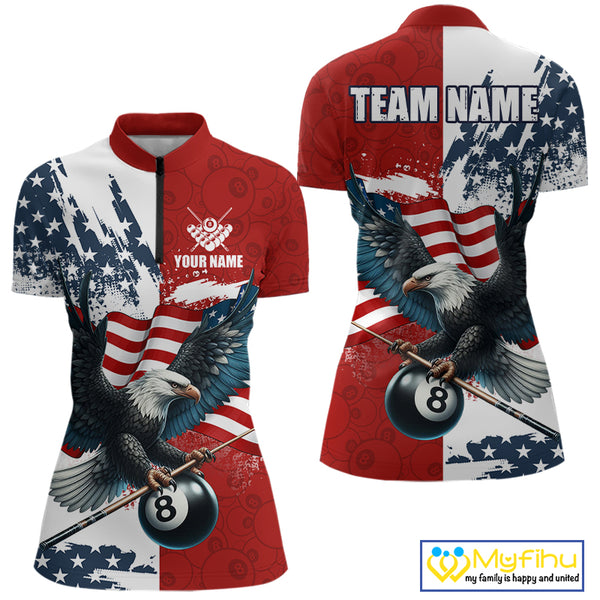 Personalized American Flag Eagle Women Billiard Shirt Custom Patriotic 8 Ball Pool Team Jersey |Red TDM4370