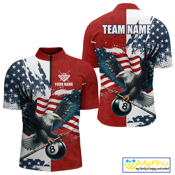 Personalized American Flag Eagle Men Billiard Shirt Custom Patriotic 8 Ball Pool Team Jersey |Red TDM4370