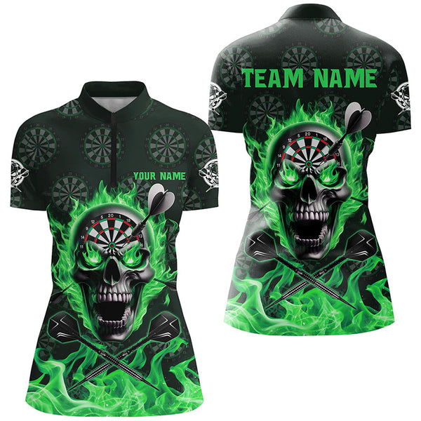 Green Darts Skull Fire Flame Custom Women Darts Shirts, 3D Darts Jersey Short Sleeve For Team TDM2518