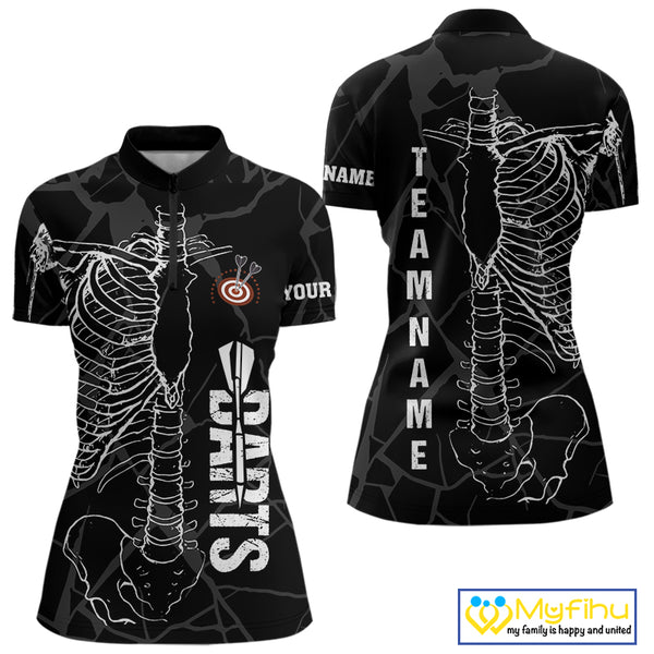White Skeleton Custom Black Grunge Darts Polo & 1/4 Zip, Funny Dart Shirts For Women Dart Jerseys TDM3746