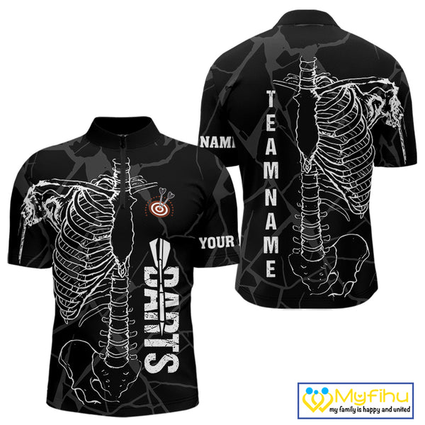 White Skeleton Custom Black Grunge Darts Polo & 1/4 Zip, Funny Dart Shirts For Men Dart Jerseys TDM3746
