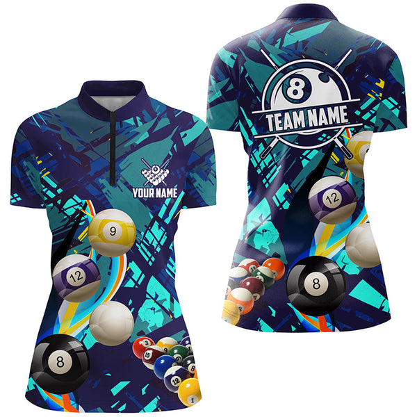 Personalized Blue Billiard Balls Women Polo And Quarter-Zip Shirts, Colorful Billiard Jerseys Shirts TDM2042