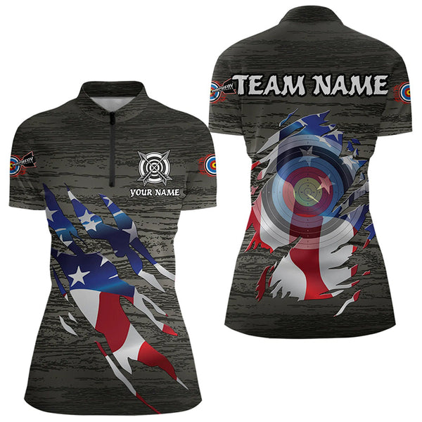 Personalized Grey Grunge USA Flag Archery Shirts For Women, American Patriotic Archery Team Jerseys TDM3243