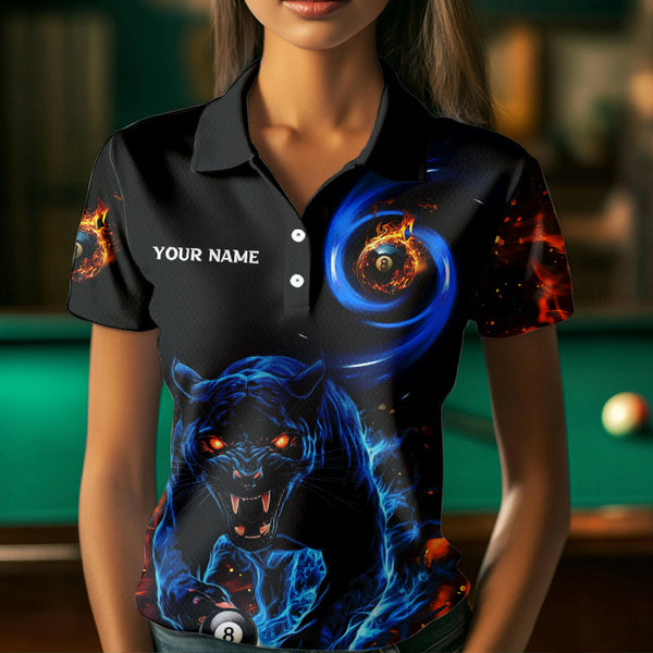 Personalized Orange And Blue Flaming 3D Panther Billiard Shirts For Women, Cool Team Billiard Jerseys TDM3600
