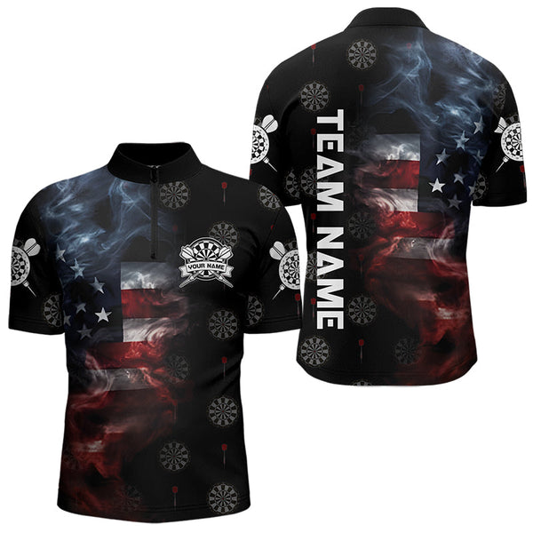 Smoke American Flag Darts Polo, Quarter-Zip Shirt Custom Patriotic Dart Shirts For Men Dart Jerseys TDM3454