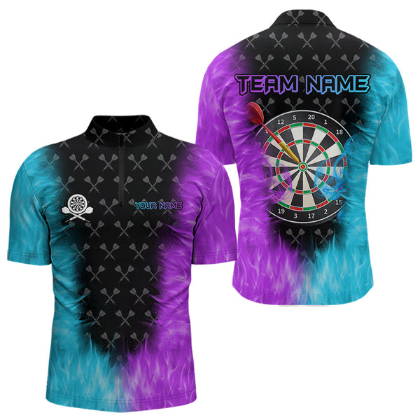 Blue And Purple Flame Men Dart Shirt With Pocket Option Custom Dart Jersey TDM3759