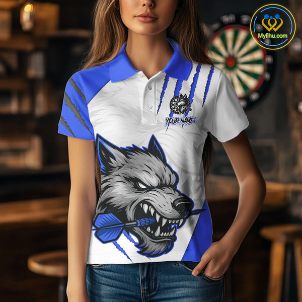 Blue And White Custom Claw Wolf Dart Shirts For Women, Dart Team Shirt Polo & 1/4 Zip, Dart Jerseys TDM4032
