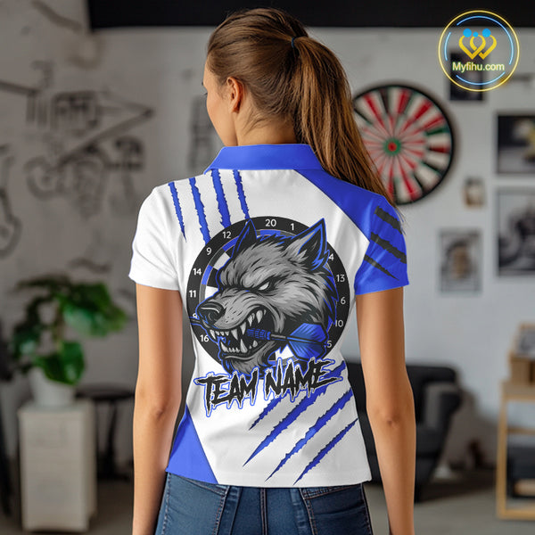 Blue And White Custom Claw Wolf Dart Shirts For Women, Dart Team Shirt Polo & 1/4 Zip, Dart Jerseys TDM4032