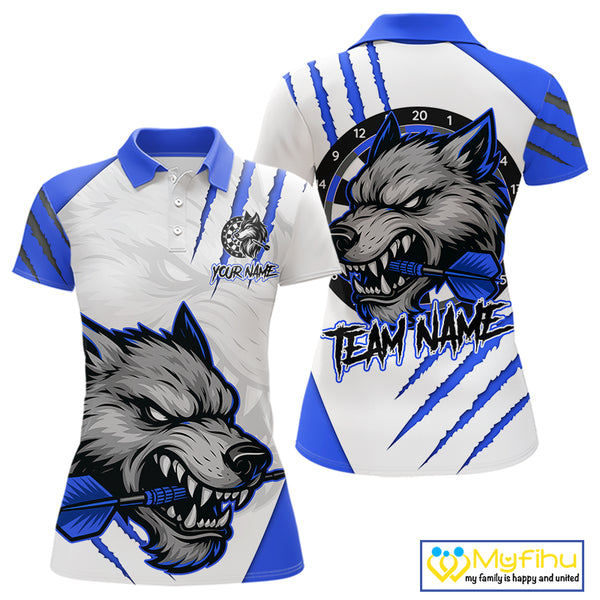 Blue And White Custom Claw Wolf Dart Shirts For Women, Dart Team Shirt Polo & 1/4 Zip, Dart Jerseys TDM4032