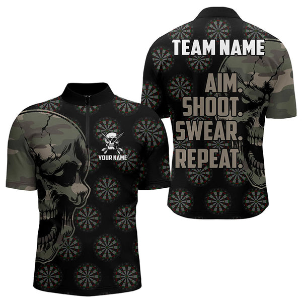 Funny Camo Darts Skull Aim Shoot Swear Repeat Custom Dart Shirts For Men, Vintage Dart Team Jerseys TDM3266