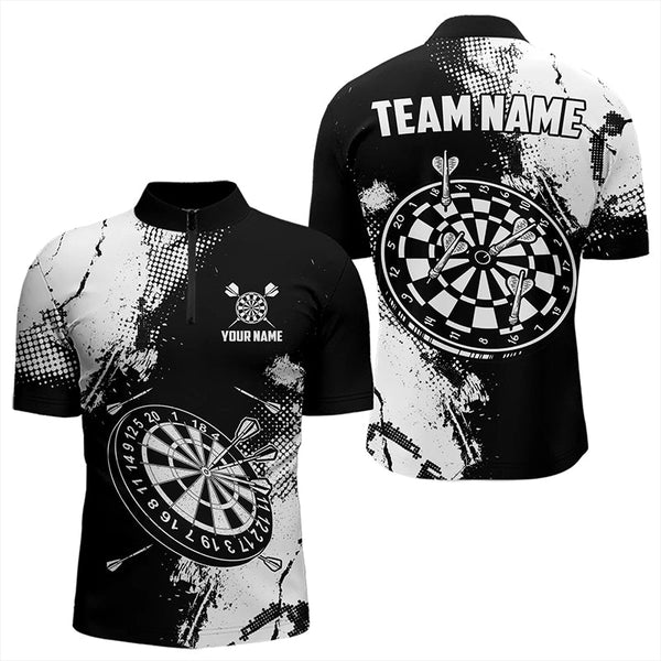Grunge Black And White Dart Polo & Quarter Zip Custom Dart Shirts For Men, Retro Dart Jerseys TDM3271