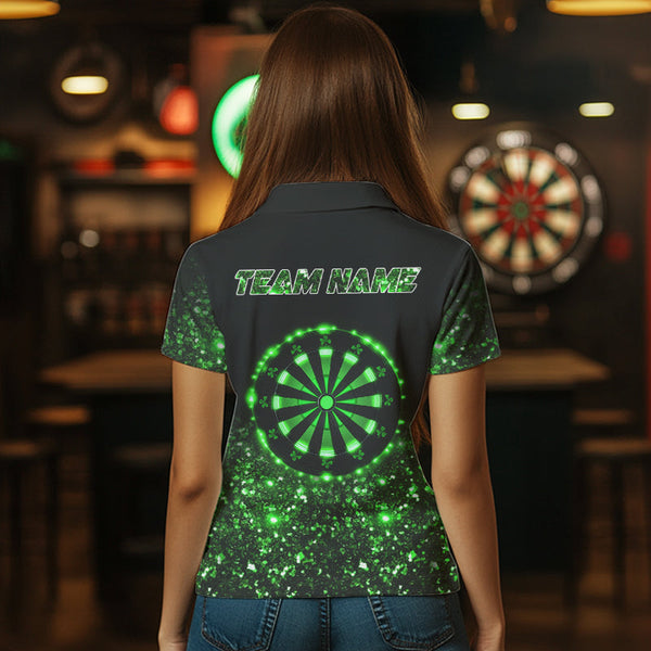 Custom Green Glowing Patrick Day Dart Shirts For Women, Shamrock Dart Jerseys TDM3612