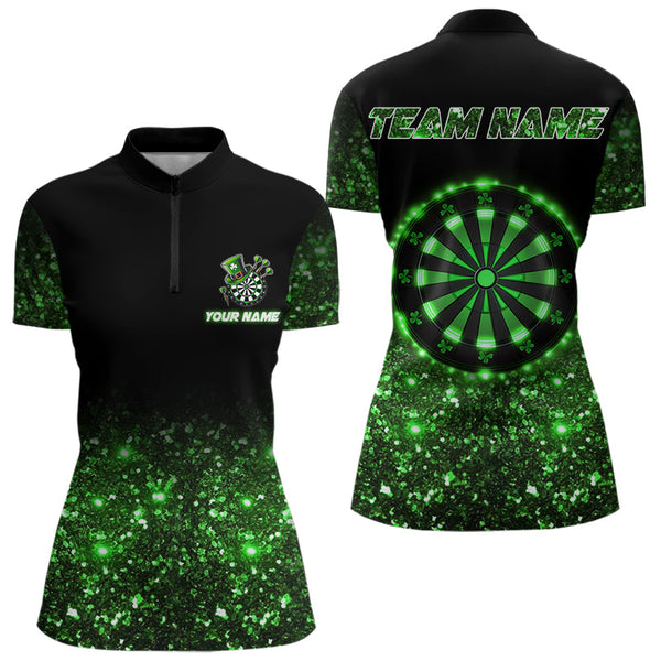 Custom Green Glowing Patrick Day Dart Shirts For Women, Shamrock Dart Jerseys TDM3612